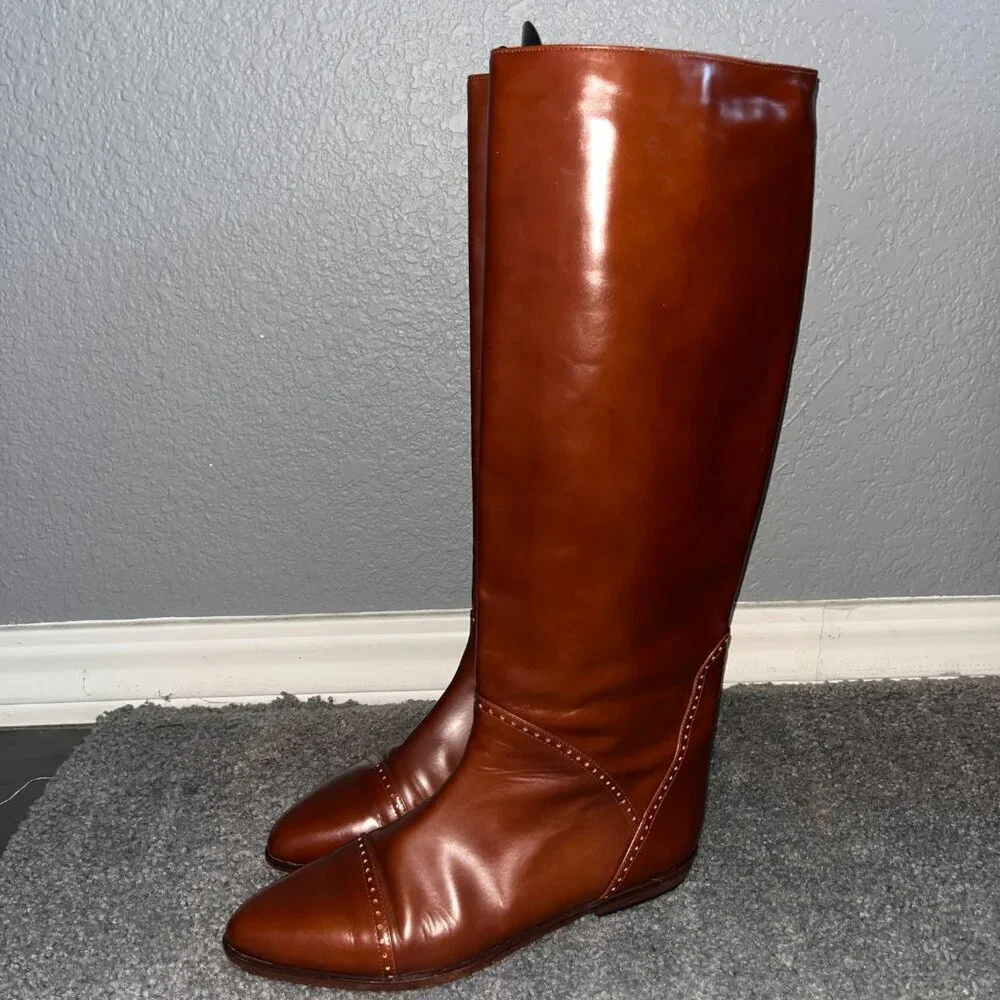 BASSOTTO KNEE HIGH RIDING BOOTS COGNAC LEATHER BROGUE DETAILS MADE IN ITALY EU40